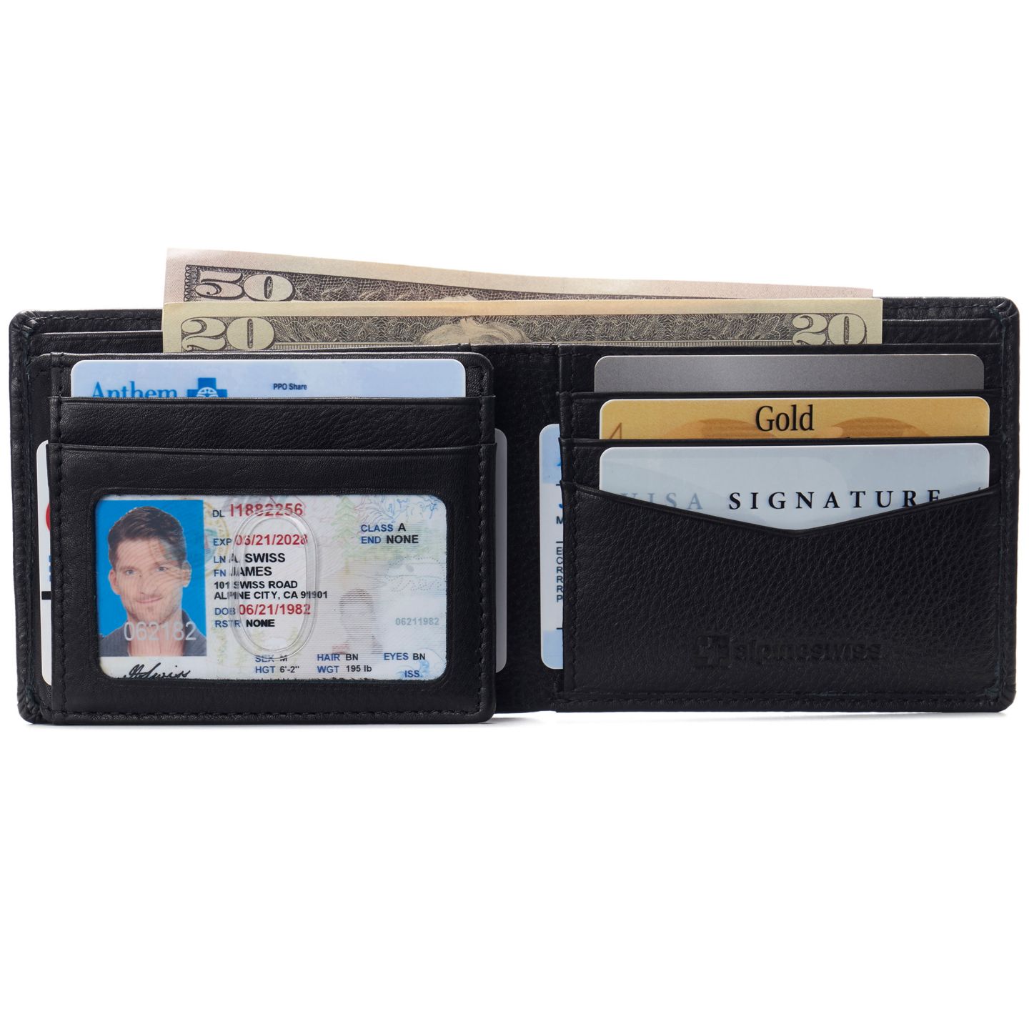 Мужской кошелёк Alpine Swiss Wallet for Men RFID Protected Leather Wallet Spencer Bifold Divided Bill Section Gift Box 2 ID Windows 14 Card Storage Pockets, цвет: Чёрный — фото 2
