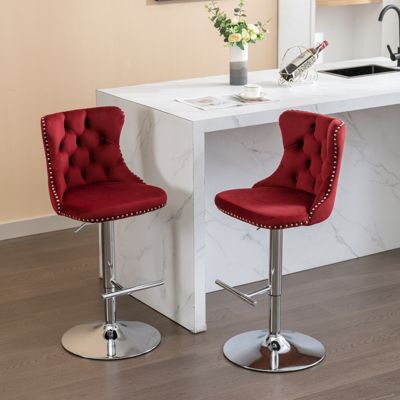 Set of 2 Adjustable Swivel Bar Stools in Wine Red