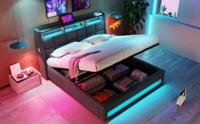 Streamdale Grey Upholstered Platform Bed with Storage & LED