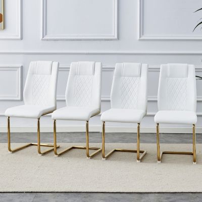 4 Modern Golden Leg Cushioned Chairs, White+PU