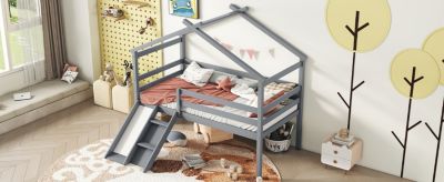 Twin Low Loft House Bed With Slide, Ladder, Safety Guardrails, House Roof Frame, Grey