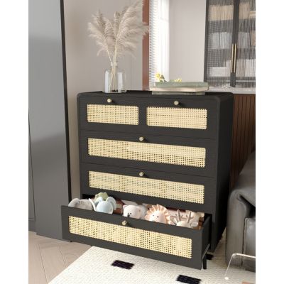 Modern Rattan 4-Drawer Dresser with Metal Handles