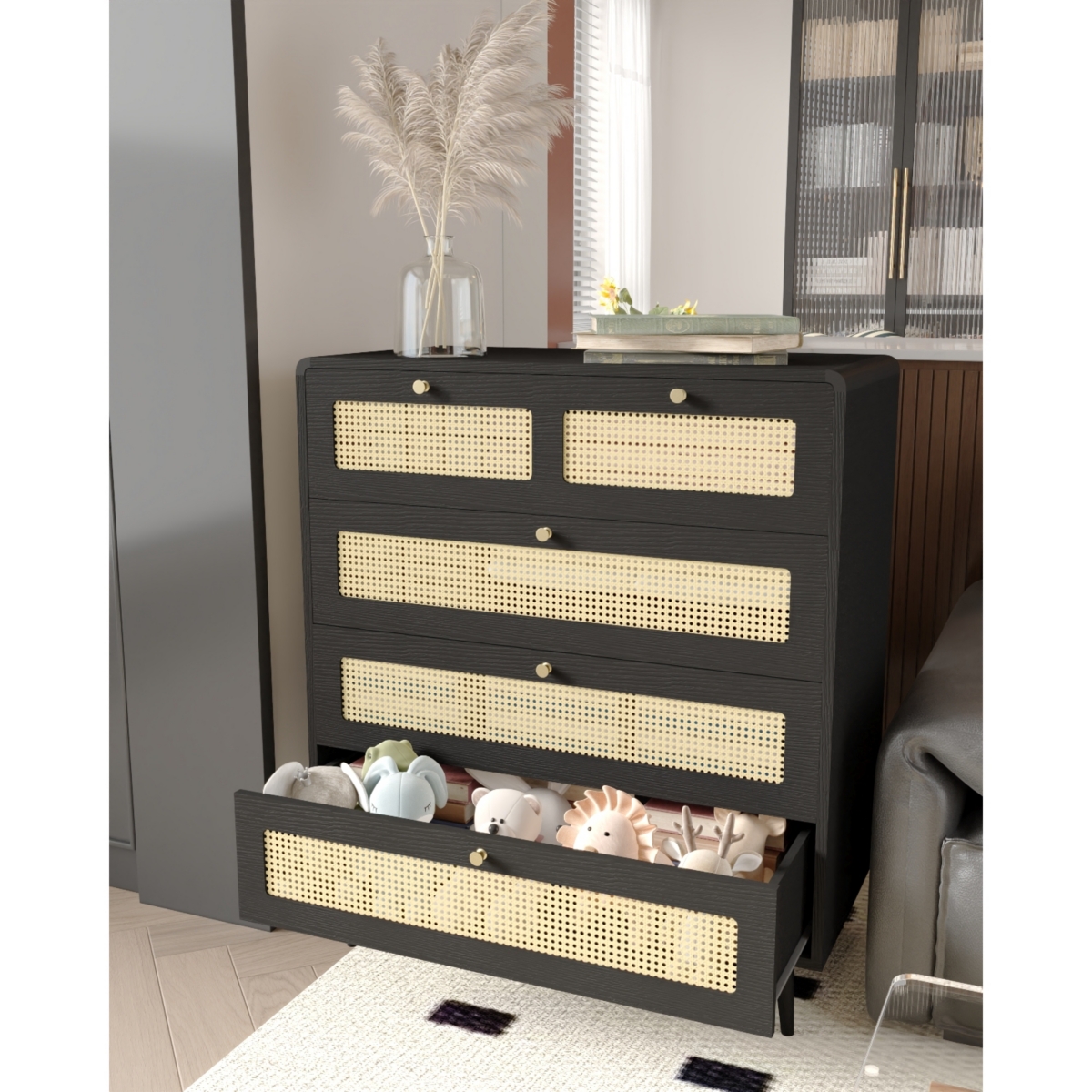 Streamdale Furniture Modern Rattan 4-Drawer Dresser with Metal Handles