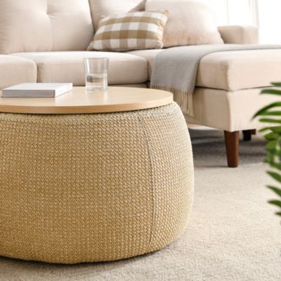Round Storage Ottoman, 2 In 1 Function, Work As End Table And Ottoman, Natural (25.5"X25.5"X14.5")
