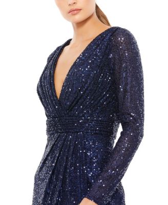 Women's Floor-Length Sequin Gown Featuring Long Sleeves and Sheer Accents