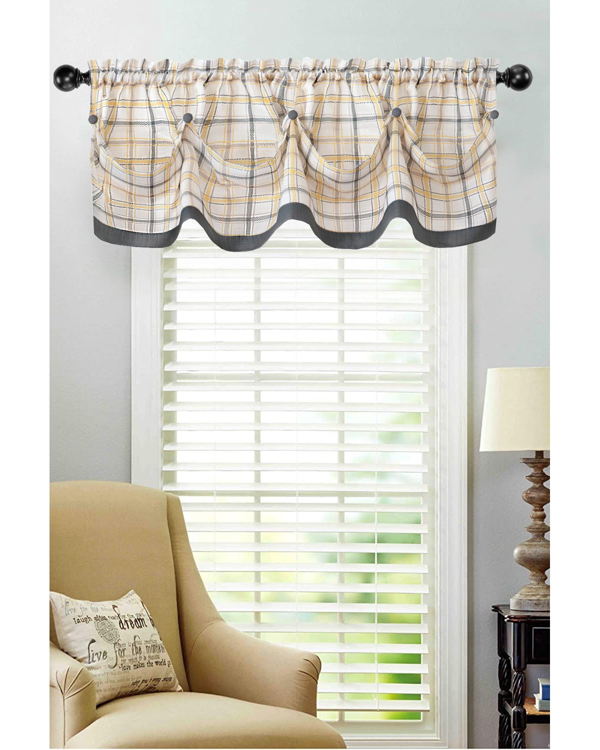 Kate Aurora Country Farmhouse Plaid 3 Pc Tattersall Cafe Kitchen Curtain Tier & Valance Set