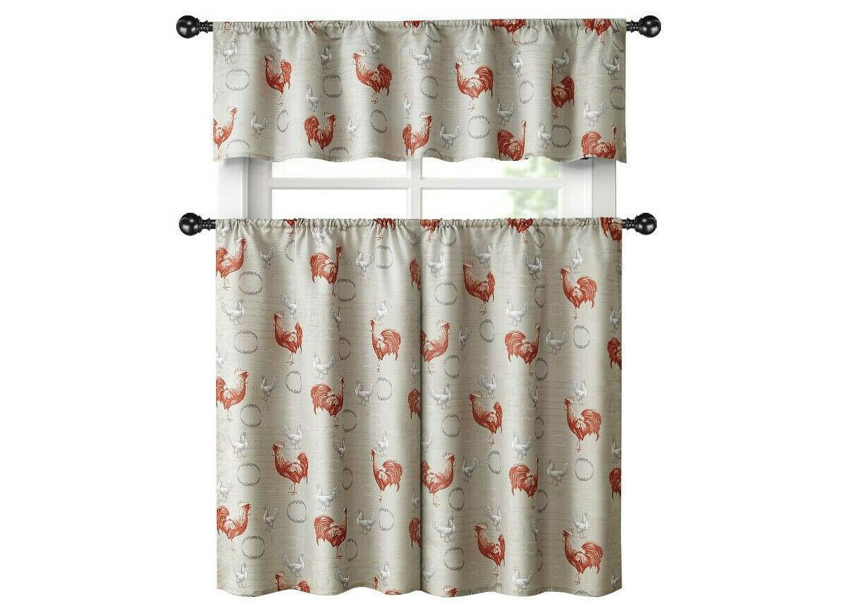 Country Farmhouse Red Rooster Barn 3 Pc. Kitchen Curtain Tier & Valance Set - Red