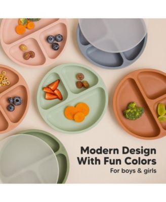 3-Pack Prep Suction Plates with Lids, 100% Silicone Baby Plates with Lid, BPA-Free Kids Divided Toddler Plates