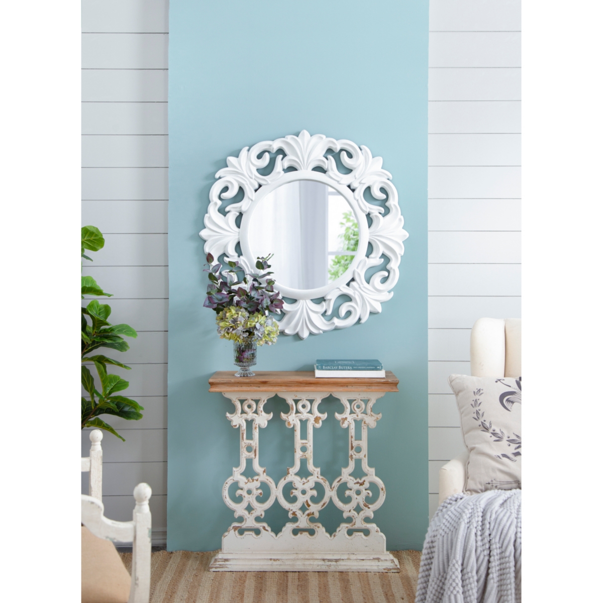 Simplie Fun 32" X 12" X 32" Classic Vintage White Wash Console Table With Brown Wood Top