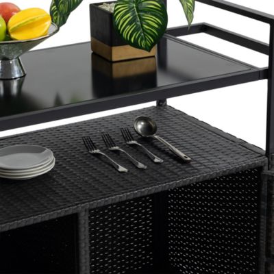 Streamdale Wicker Bar Cart with Wheels, Glass Top