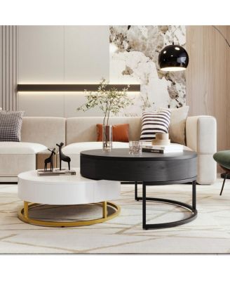 Modern Round Lift-Top Coffee Table with Drawers (White & Black)