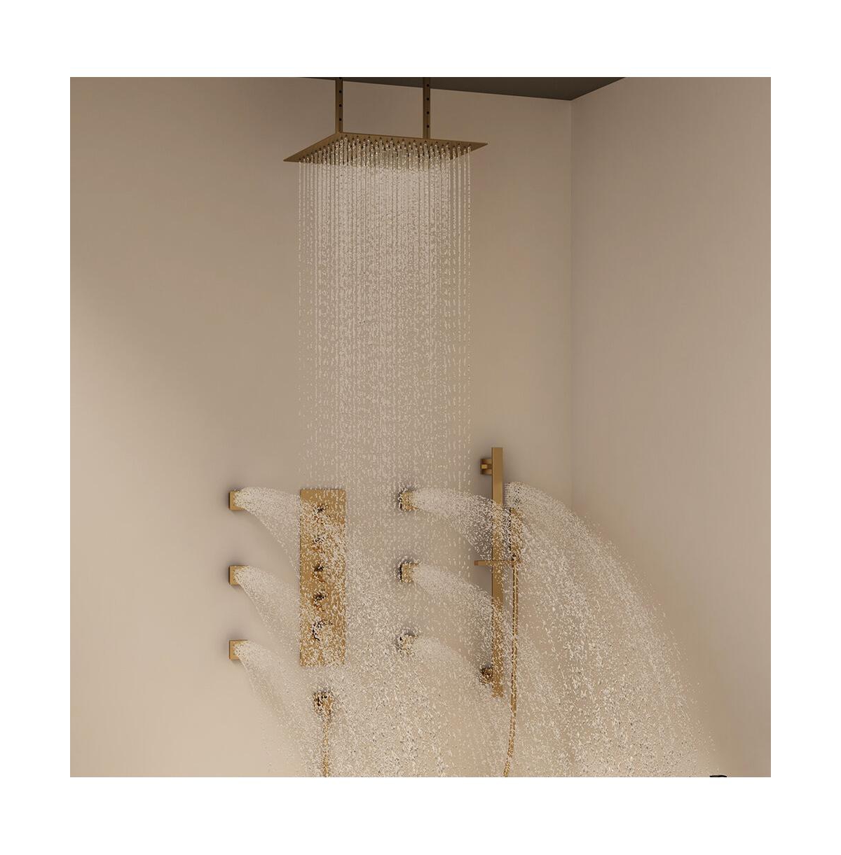 Mondawe Ceiling Mounted Thermostatic Shower System Set with Handheld Spray, Slide Bar & 6 Body Jets, Brushed- Gold