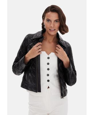 Women's Genuine Leather Quilted Bomber Jacket, Black