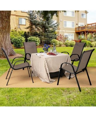 4PCS Patio Stacking Dining Chairs w/ Curved Armrests & Breathable Seat Fabric Brown