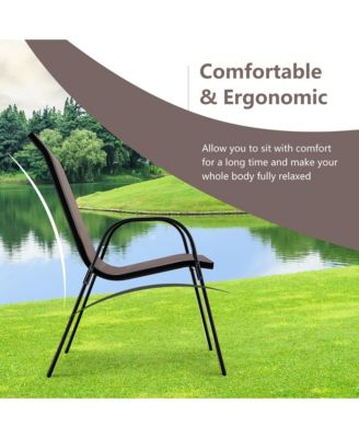 4PCS Patio Stacking Dining Chairs w/ Curved Armrests & Breathable Seat Fabric Brown