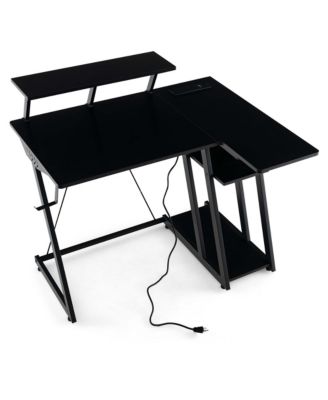 L-Shaped Gaming Desk with Outlets & USB Ports Monitor Shelf Headphone Hook