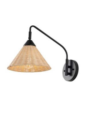 Kiawah 11" 1-Light Vintage Coastal Rattan/Metal Swing Arm LED Sconce, Black/Natural