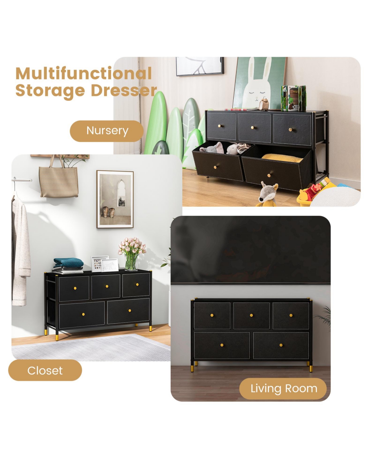 Slickblue Floor Dresser Storage Organizer with 5 Drawers with Fabric Bins and Metal Frame-5-Drawer