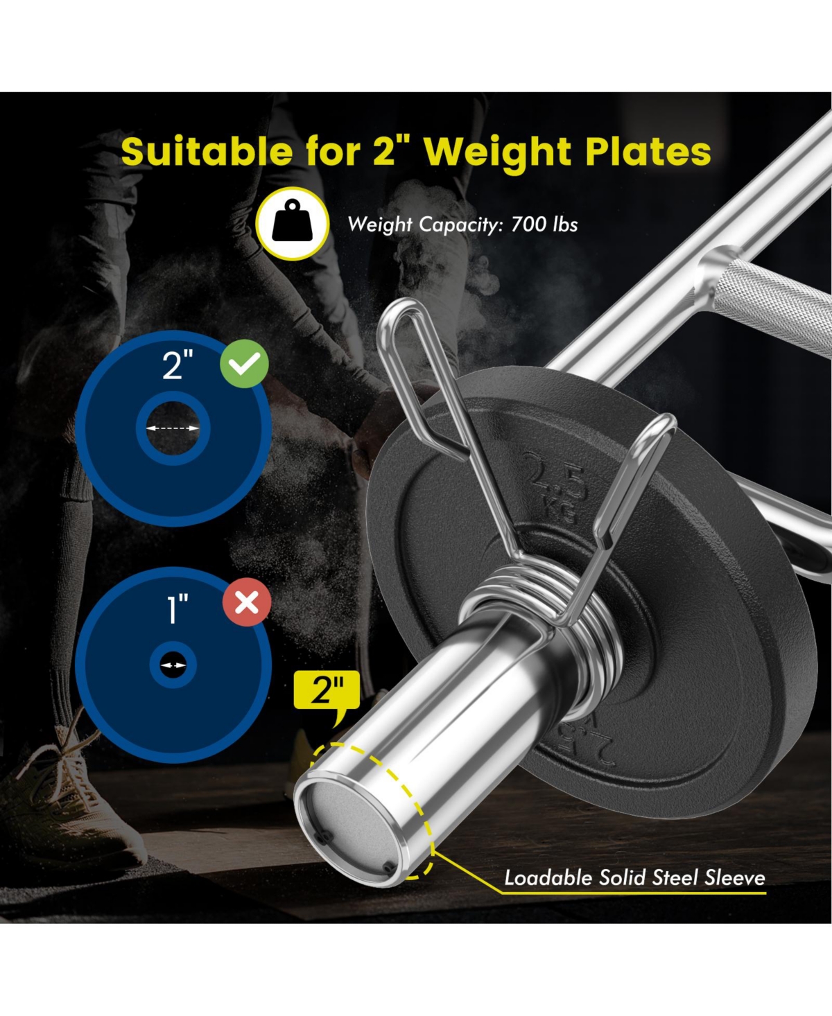 Slickblue 700 Lbs Olympic Triceps Bar with Knurled Handles for Squats Deadlifts Shrugs