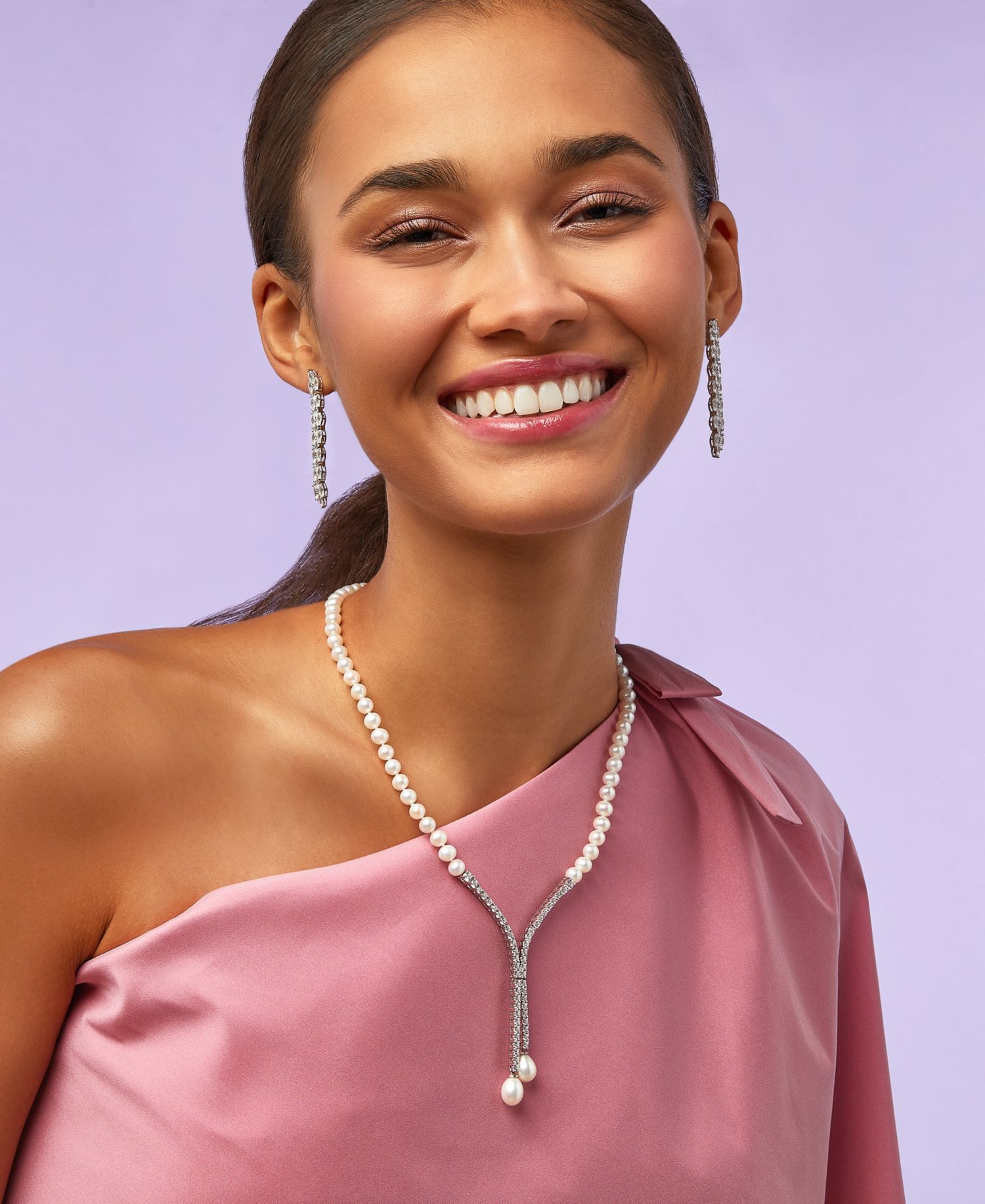 Cultured Freshwater Pearl (5mm & 10 x 8mm) & Cubic Zirconia Lariat Necklace in Sterling Silver