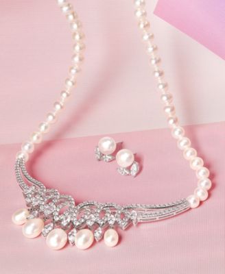 Cultured Freshwater Pearl (8mm) & Cubic Zirconia Stud Earrings in Sterling Silver