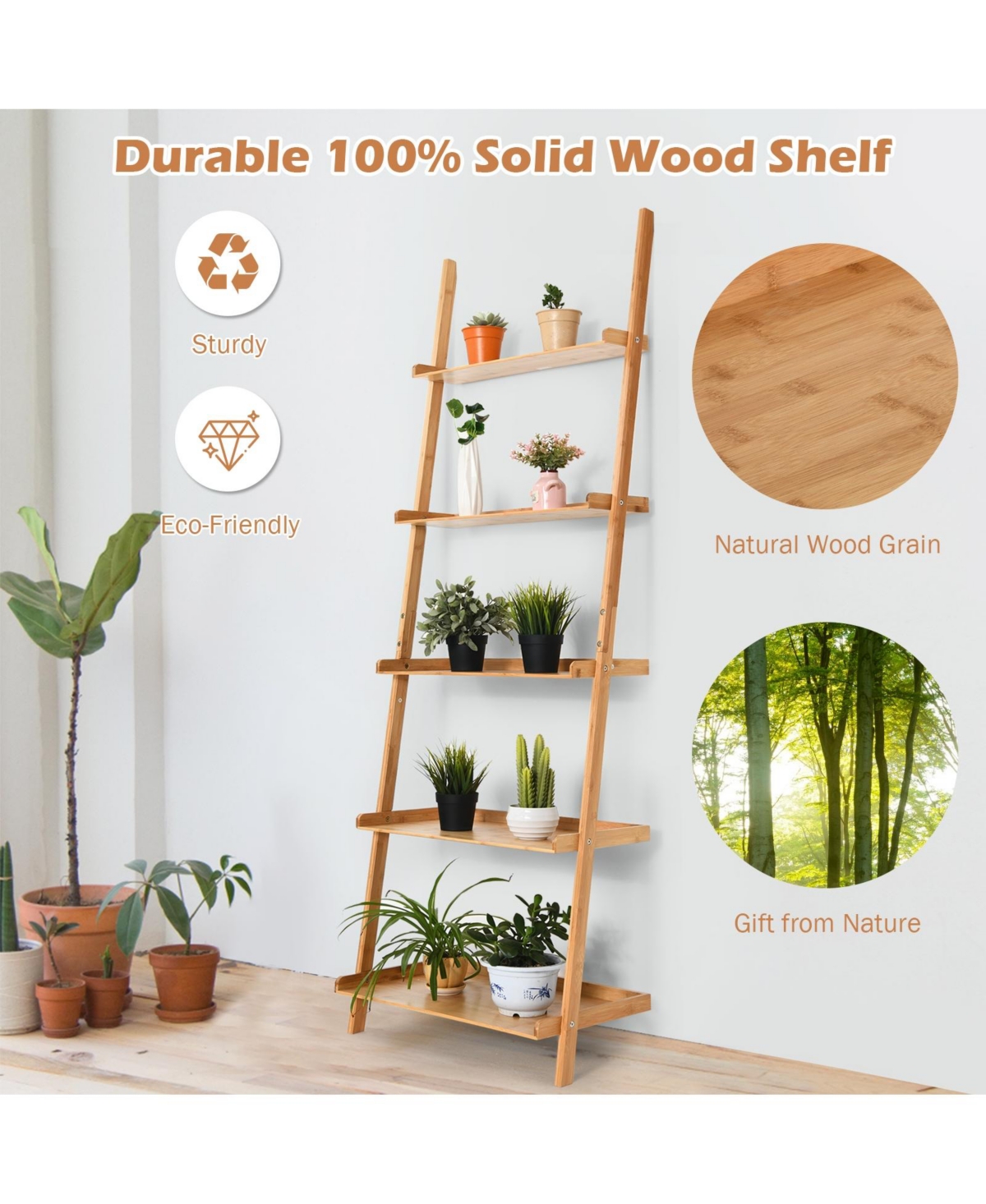 Slickblue 5-Tier Ladder Shelf Bamboo Bookshelf Wall-Leaning Storage Display Plant Stand- Natural