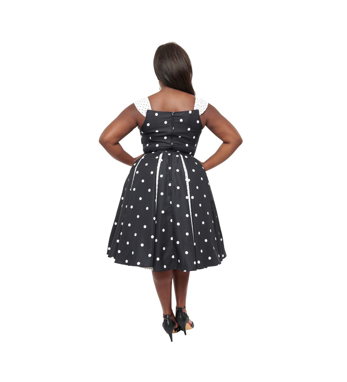 Unique Vintage Plus Size Square Neck Sleeveless Godet Swing Dress - Black  white polka dot