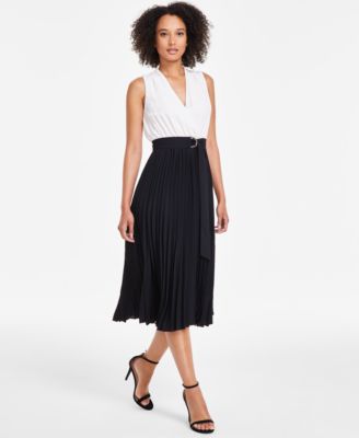 Anne Klein - Women's Colorblocked Belted Pleated Dress