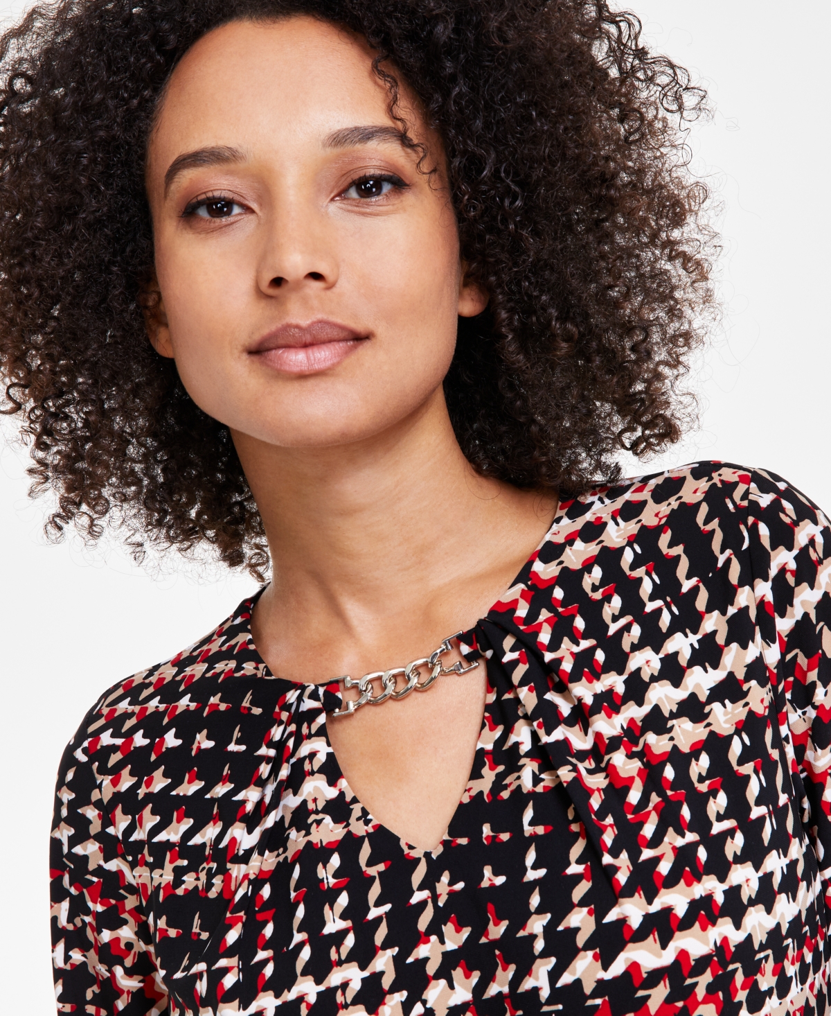 Anne Klein Women's Printed Chain-Trim Pleated-Neck Top