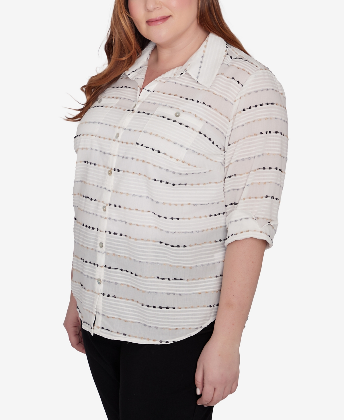 Alfred Dunner Plus Size Classic Biadere Button Front Top With Front Pockets