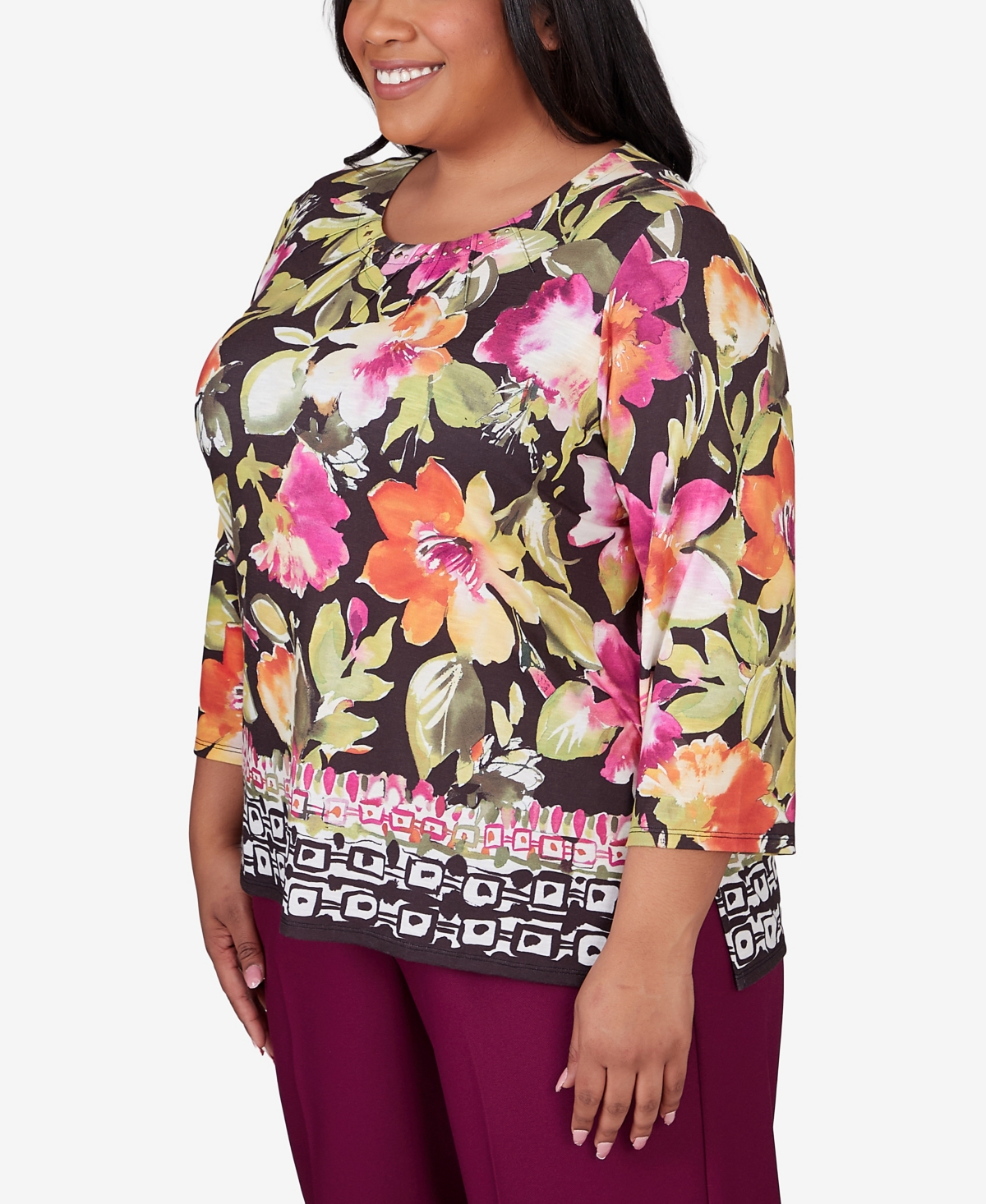 Alfred Dunner Plus Size Classic Bold Floral Geometric Border Top