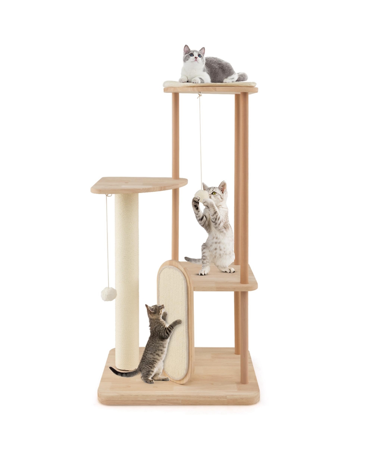 Wooden Cat Tree with Sisal Scratch Board & Post Padded Perch Hanging Toys Modern - Beige/khaki