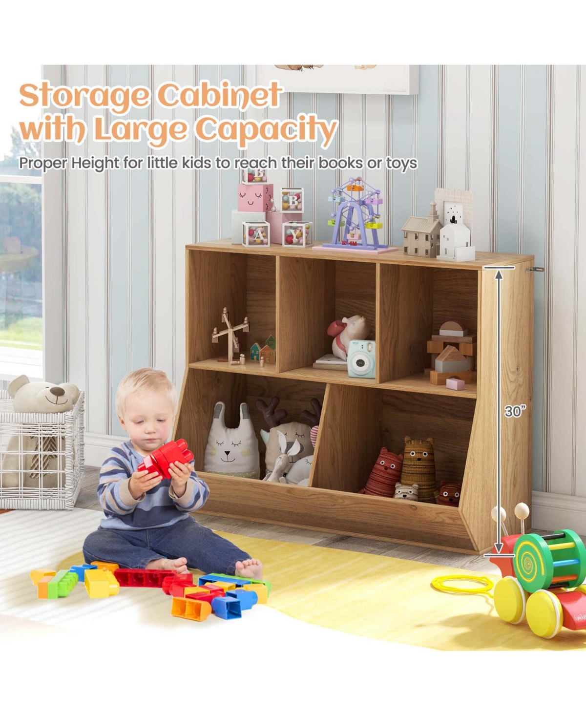 5-Cubby Kids Toy Storage Organizer Wooden Bookshelf Display Cabinet