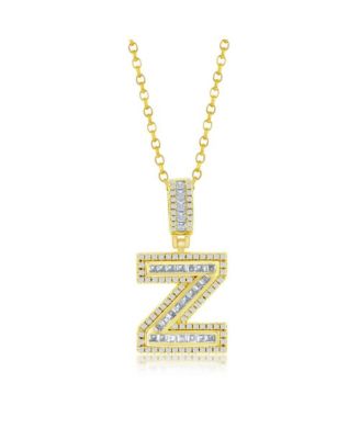 Sterling Silver Baguette CZ Initial Pendant Necklace - Gold Plated