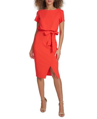 Women's Tulip-Sleeve Tie-Waist Sheath Dress