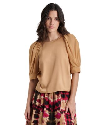 DKNY - Women's Mixed-Media Chiffon Puff-Sleeve Top