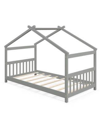 Twin Size House Bed with Roof Wooden Low Floor Bed No Box Spring Needed