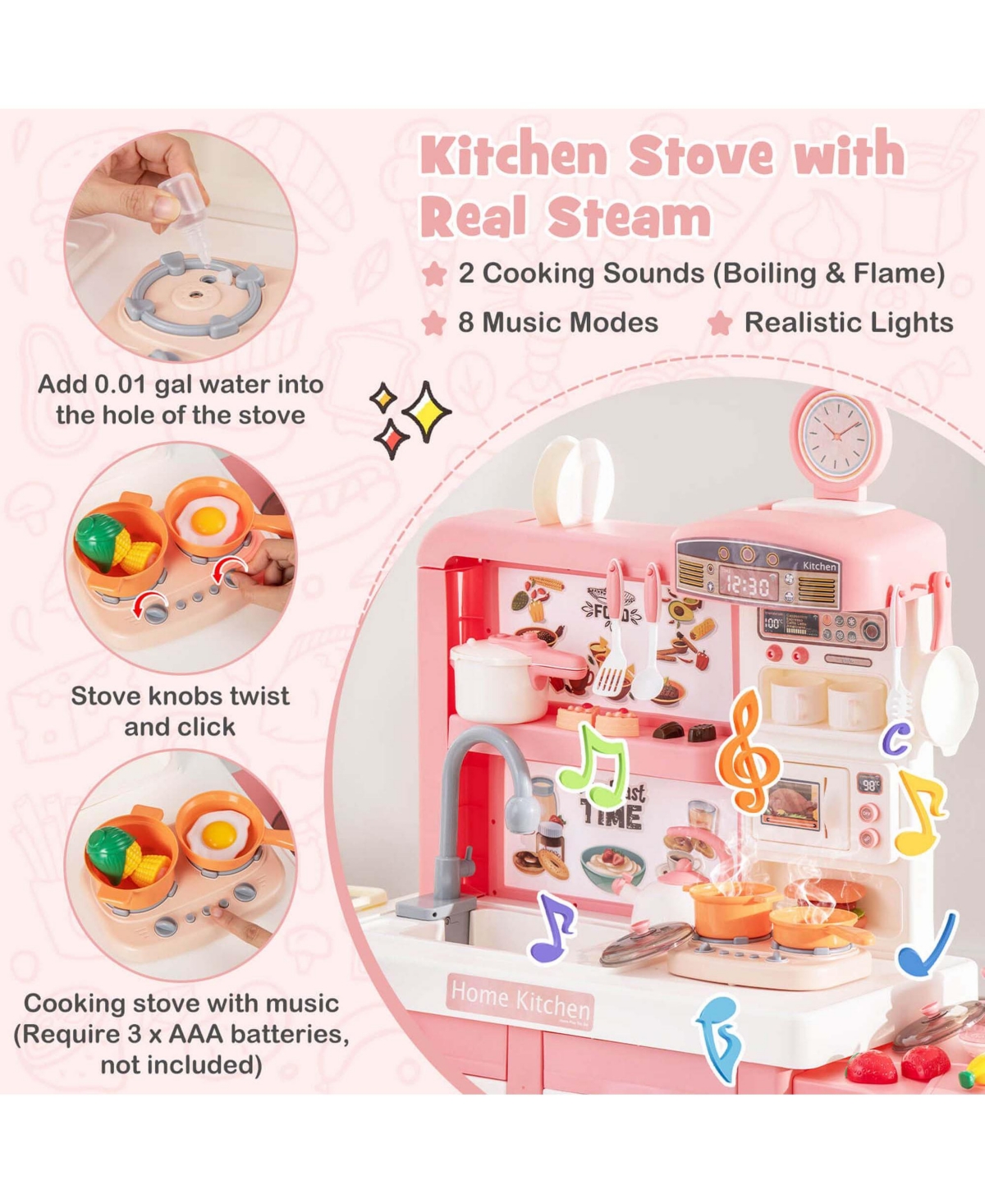 Costway Kids Pretend Kitchen Playset Role Play Kitchen Play Toy with Sink Oven Microwave
