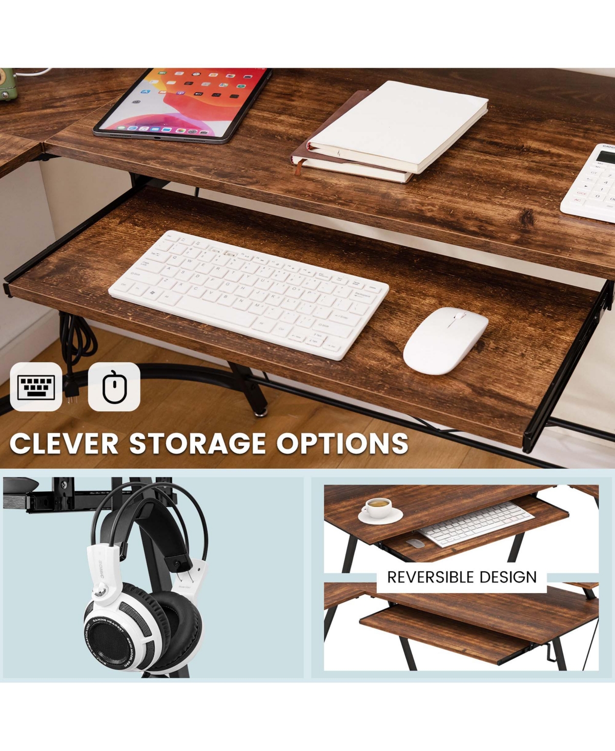 Costway L-shaped Computer Desk with Power Outlet Corner Computer Workstation Rustic