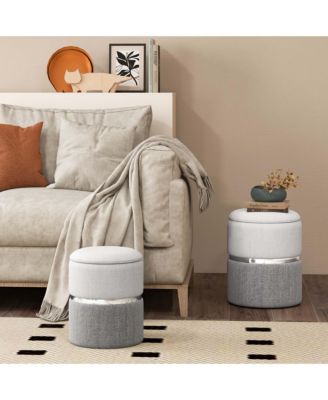 Linen Fabric Storage Ottoman Set of 2 Modern Round Ottoman with Storage for Bedroom