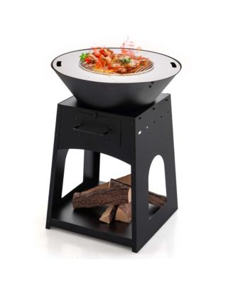 24" Heavy Duty Fire Pit with firewood rack Fire Poker Gloves Grilling Rack Outdoor