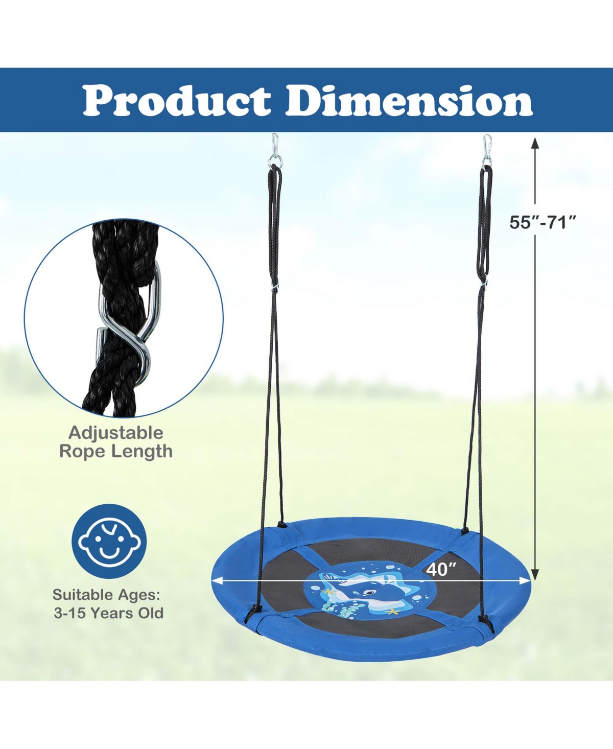 Costway 40'' Flying Saucer Tree Swing Indoor Outdoor Play Set Swing for KidsWhale - Blue