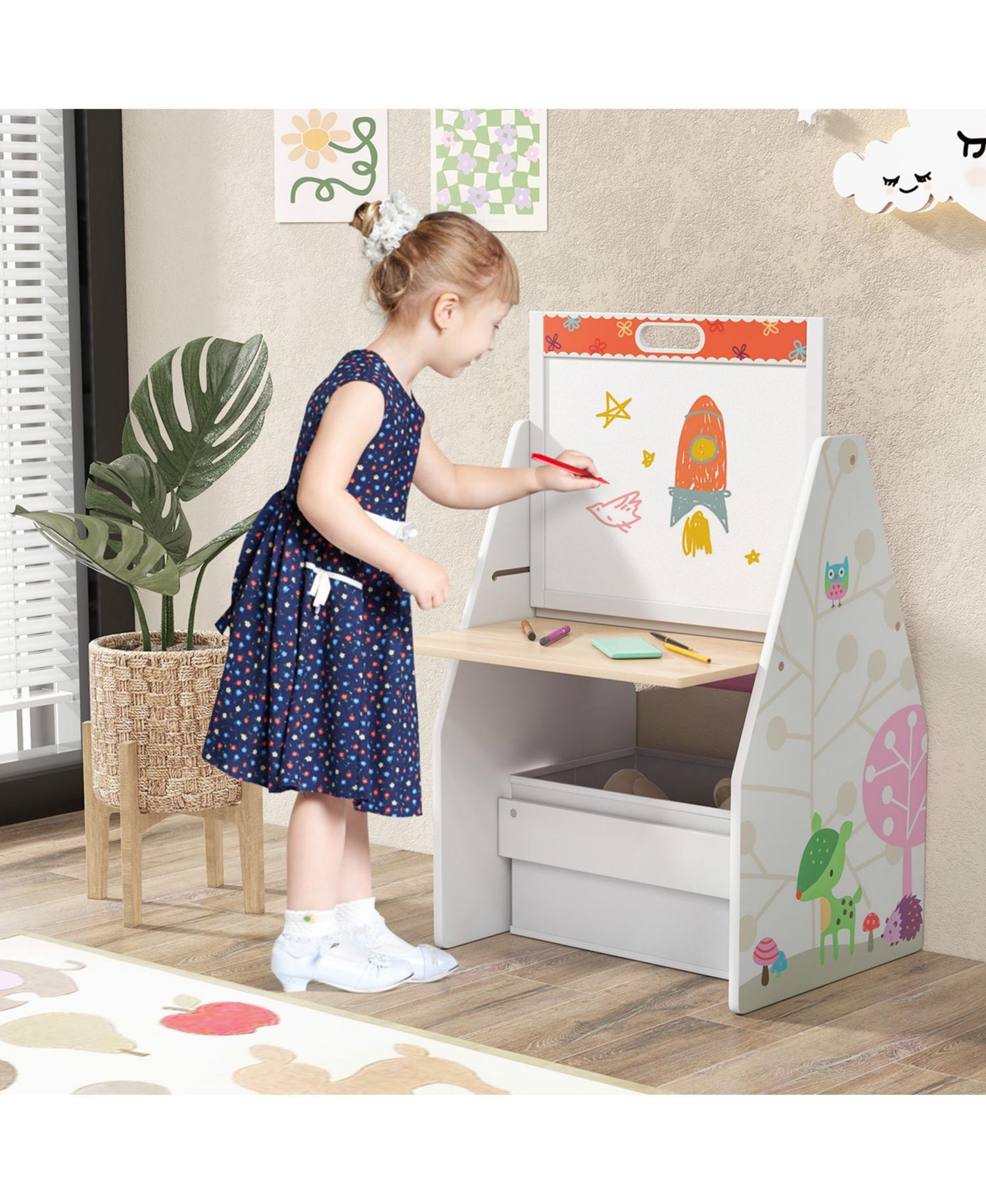 Kids Table & Chair Set with Rotatable Double-sided Magnetic Blackboard & Whiteboard