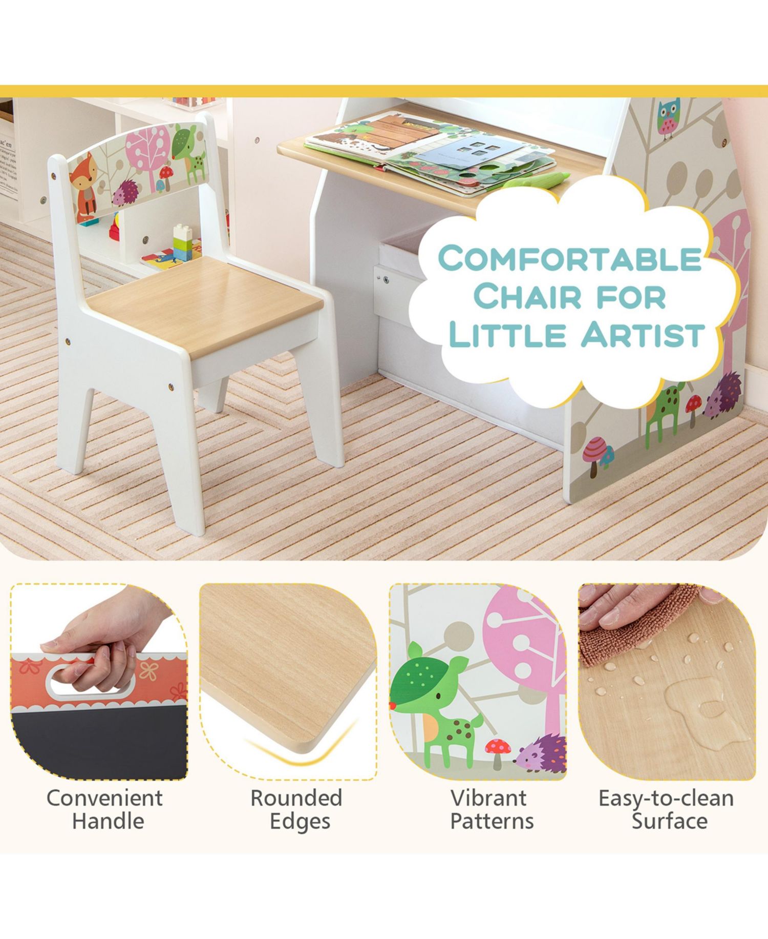 Kids Table & Chair Set with Rotatable Double-sided Magnetic Blackboard & Whiteboard