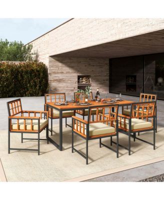 7 PCS Patio Dining Set Outdoor Acacia Wood Table with Soft Cushions Umbrella Hole