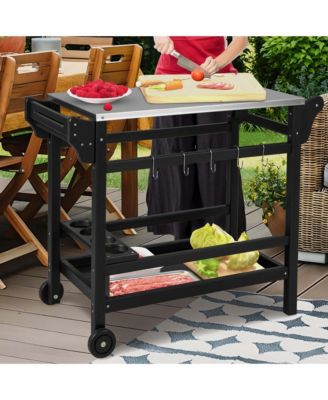 Movable Outdoor Dining Cart Table with Stainless Steel Tabletop, Seasoning Tray