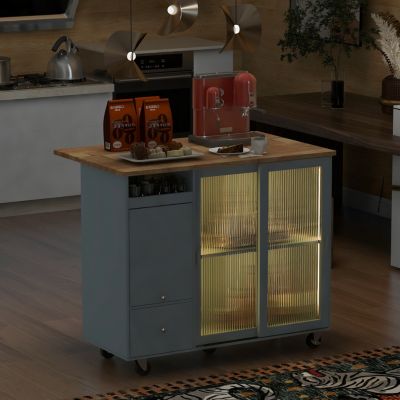 Streamdale Blue Kitchen Island Cart With LED Light And Drop Leaf