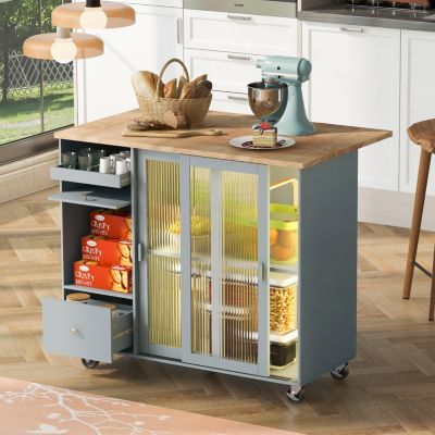 Streamdale Blue Kitchen Island Cart With LED Light And Drop Leaf