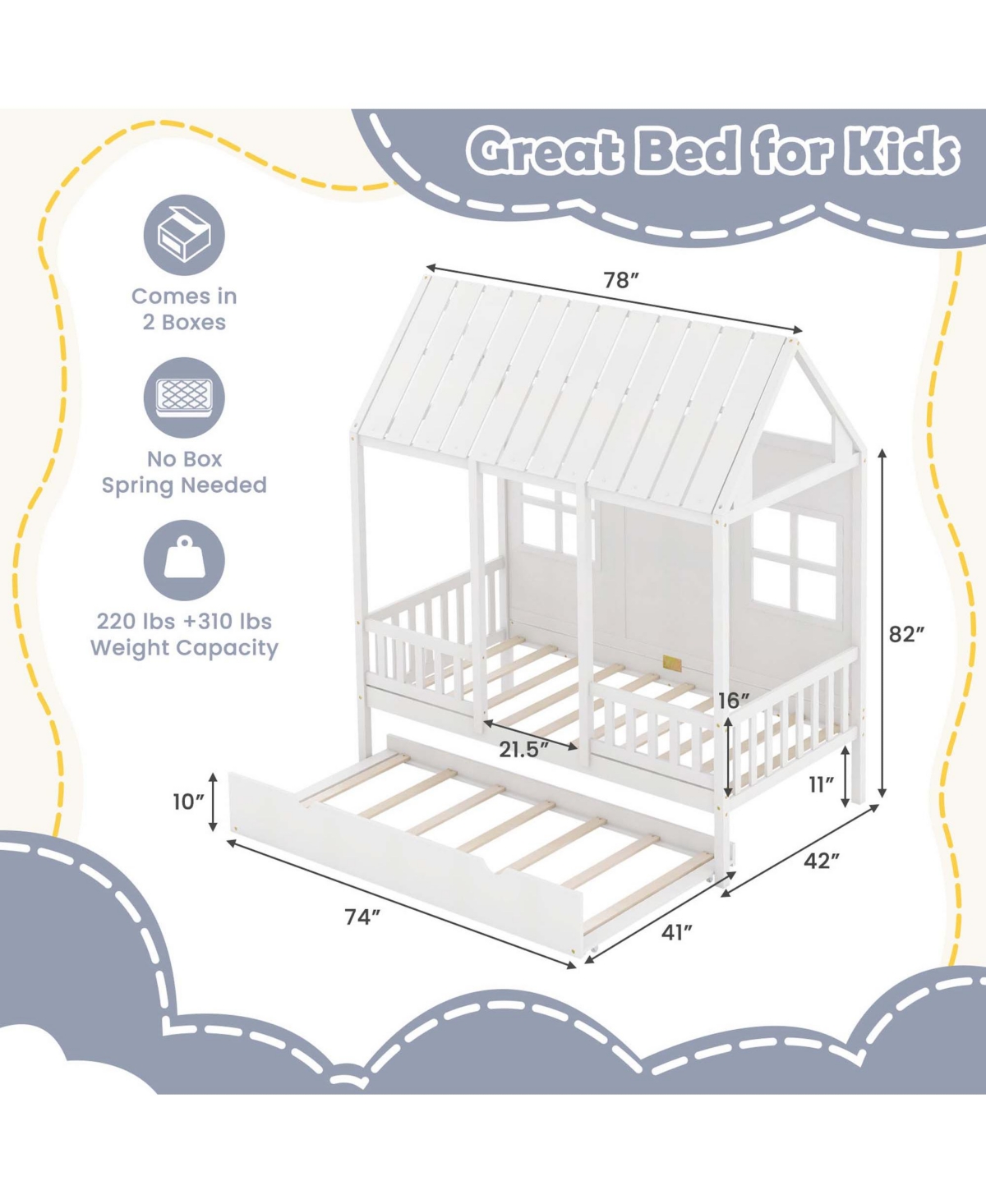 Twin Size House Bed with Trundle Fence Decor Wooden Windows Tall Roof
