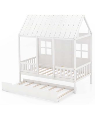 Twin Size House Bed with Trundle Fence Decor Wooden Windows Tall Roof